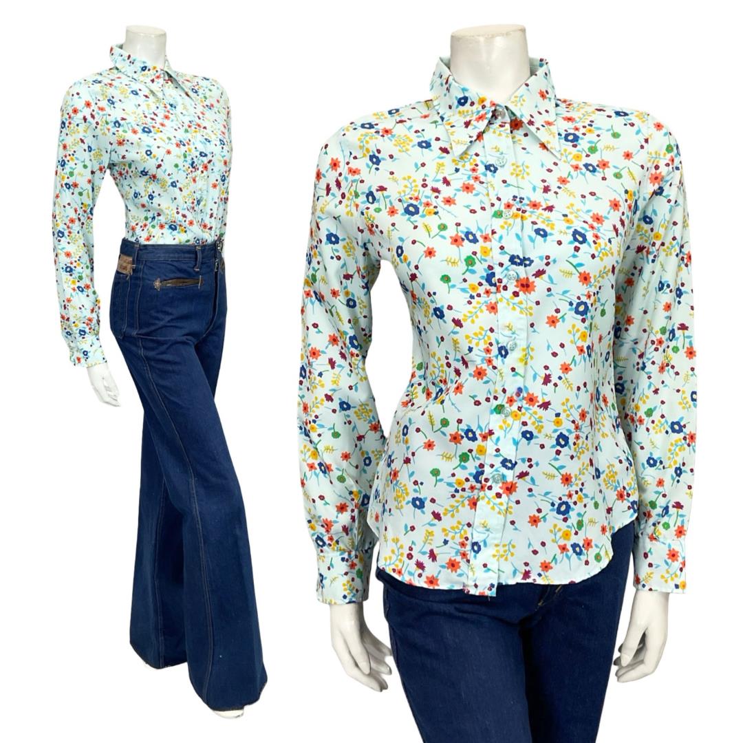 VTG 60S 70S BLUE GREEN ORANGE YELLOW FLORAL MOD DAGGER SHIRT 10