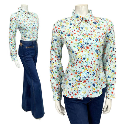 VTG 60S 70S BLUE GREEN ORANGE YELLOW FLORAL MOD DAGGER SHIRT 10