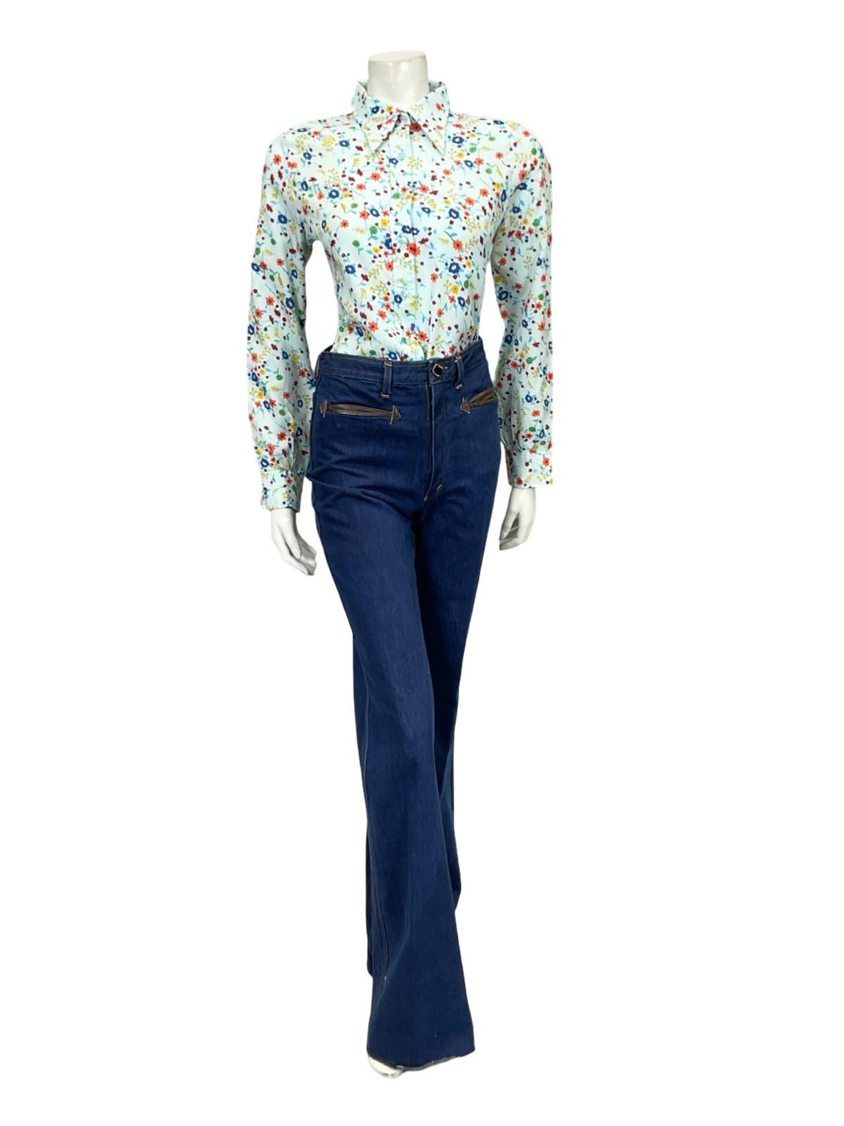 VTG 60S 70S BLUE GREEN ORANGE YELLOW FLORAL MOD DAGGER SHIRT 10