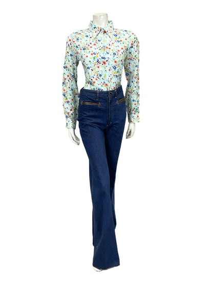 VTG 60S 70S BLUE GREEN ORANGE YELLOW FLORAL MOD DAGGER SHIRT 10