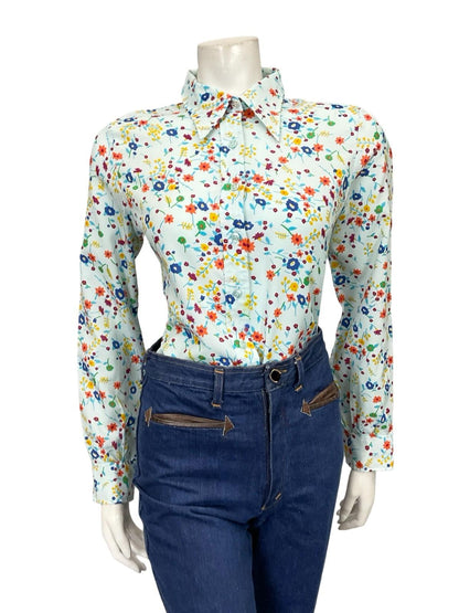 VTG 60S 70S BLUE GREEN ORANGE YELLOW FLORAL MOD DAGGER SHIRT 10