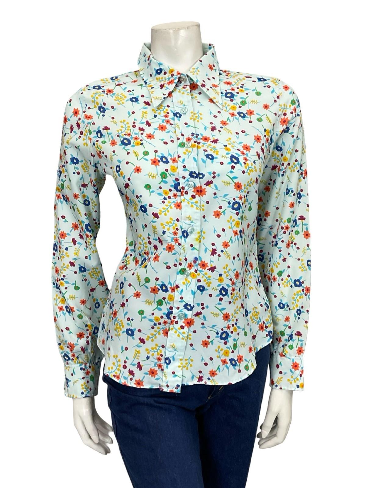 VTG 60S 70S BLUE GREEN ORANGE YELLOW FLORAL MOD DAGGER SHIRT 10