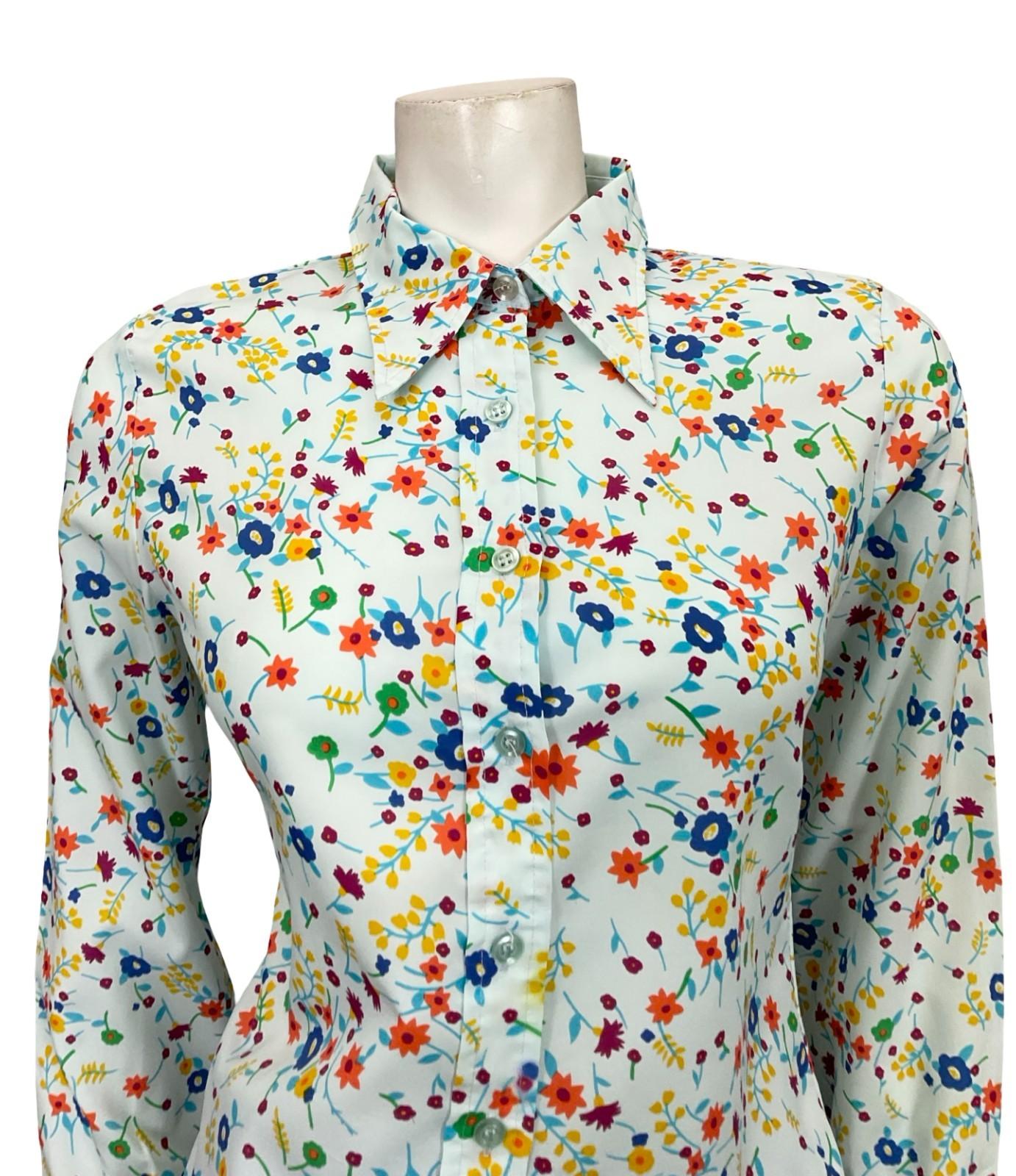 VTG 60S 70S BLUE GREEN ORANGE YELLOW FLORAL MOD DAGGER SHIRT 10