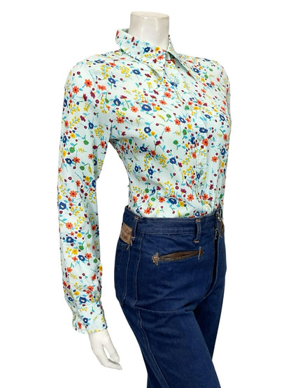 VTG 60S 70S BLUE GREEN ORANGE YELLOW FLORAL MOD DAGGER SHIRT 10