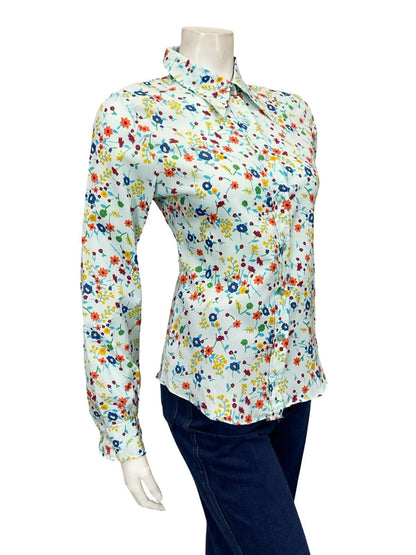 VTG 60S 70S BLUE GREEN ORANGE YELLOW FLORAL MOD DAGGER SHIRT 10