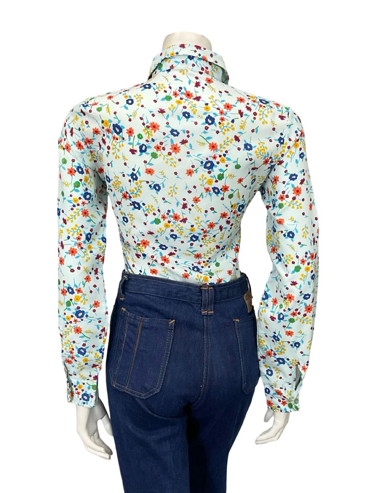 VTG 60S 70S BLUE GREEN ORANGE YELLOW FLORAL MOD DAGGER SHIRT 10