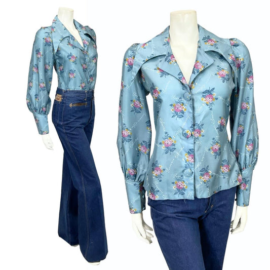 VTG 60S 70S THE SIXTH SENSE BLUE PINK ORANGE FLORAL DAGGER COLLAR SHIRT 12