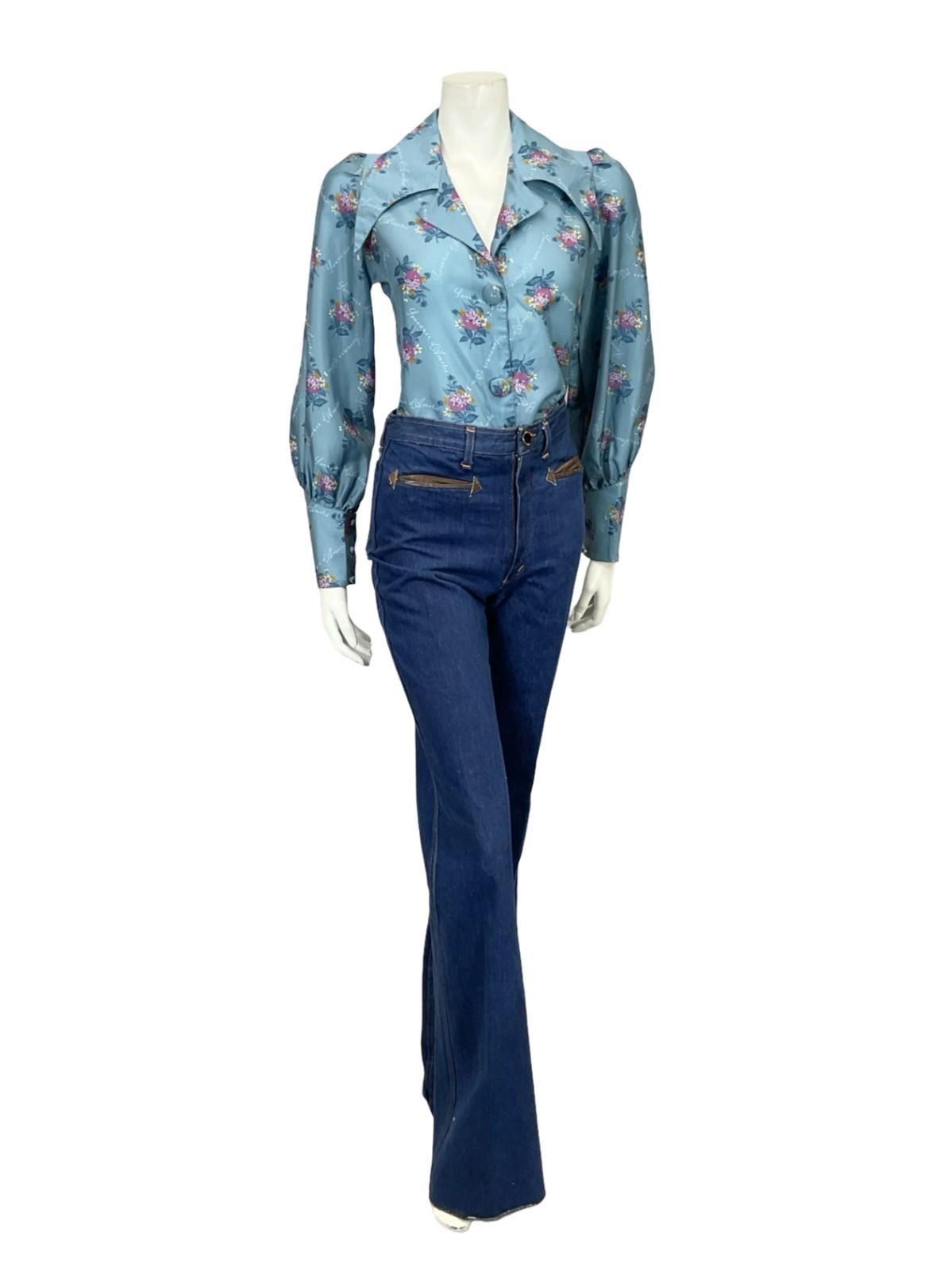 VTG 60S 70S THE SIXTH SENSE BLUE PINK ORANGE FLORAL DAGGER COLLAR SHIRT 12