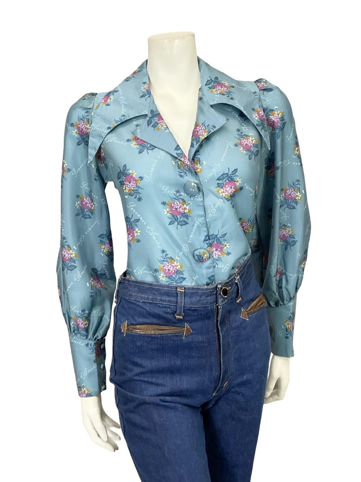 VTG 60S 70S THE SIXTH SENSE BLUE PINK ORANGE FLORAL DAGGER COLLAR SHIRT 12