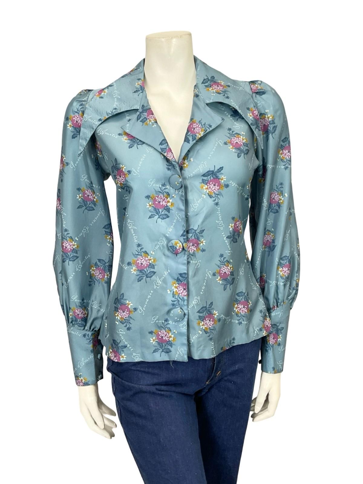 VTG 60S 70S THE SIXTH SENSE BLUE PINK ORANGE FLORAL DAGGER COLLAR SHIRT 12