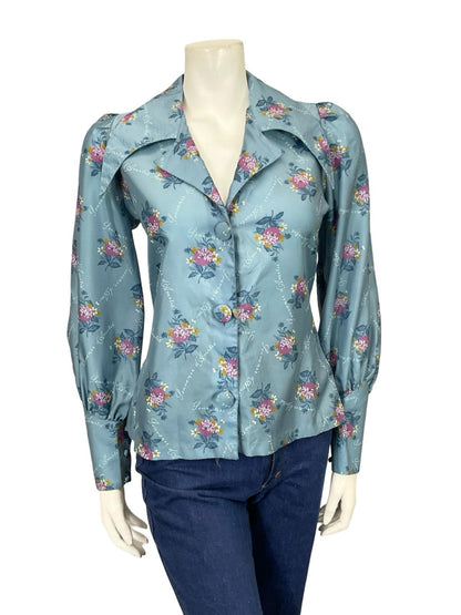 VTG 60S 70S THE SIXTH SENSE BLUE PINK ORANGE FLORAL DAGGER COLLAR SHIRT 12