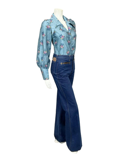 VTG 60S 70S THE SIXTH SENSE BLUE PINK ORANGE FLORAL DAGGER COLLAR SHIRT 12
