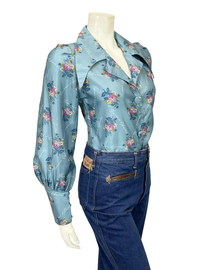 VTG 60S 70S THE SIXTH SENSE BLUE PINK ORANGE FLORAL DAGGER COLLAR SHIRT 12