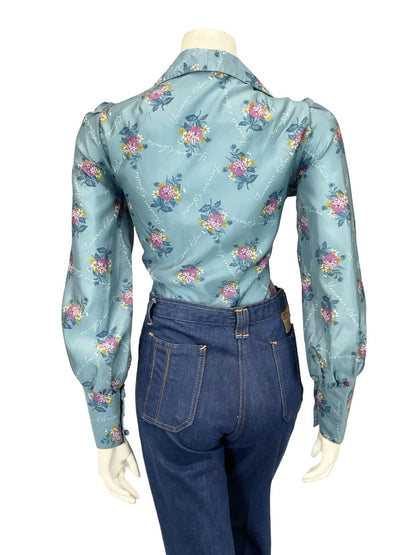 VTG 60S 70S THE SIXTH SENSE BLUE PINK ORANGE FLORAL DAGGER COLLAR SHIRT 12