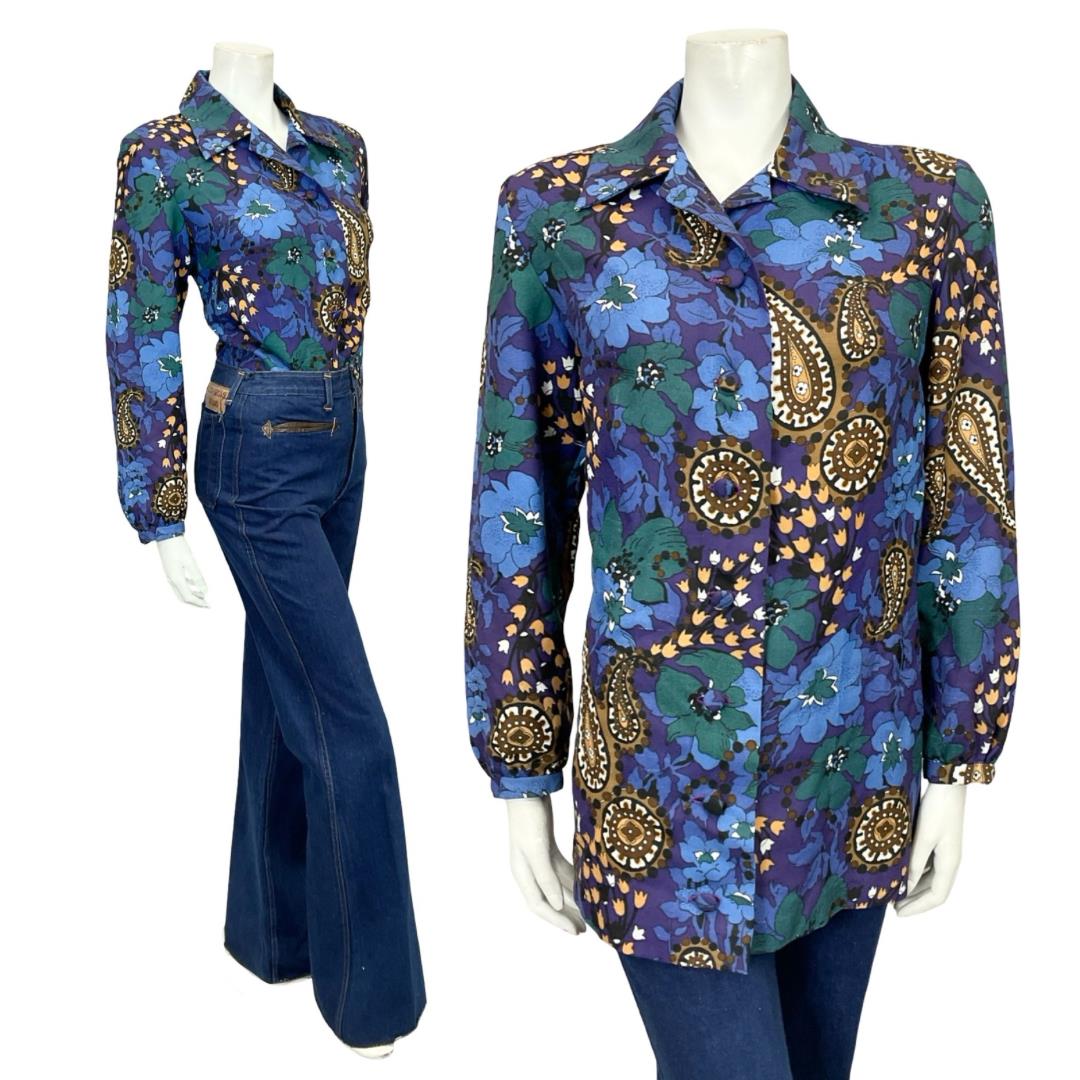 VTG 60S 70S BLUE GREEN BROWN PAISLEY FLORAL PSYCHEDELIC BOHO SHIRT 16