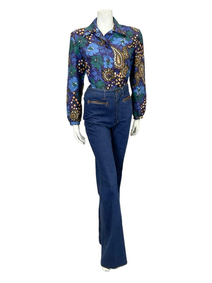 VTG 60S 70S BLUE GREEN BROWN PAISLEY FLORAL PSYCHEDELIC BOHO SHIRT 16