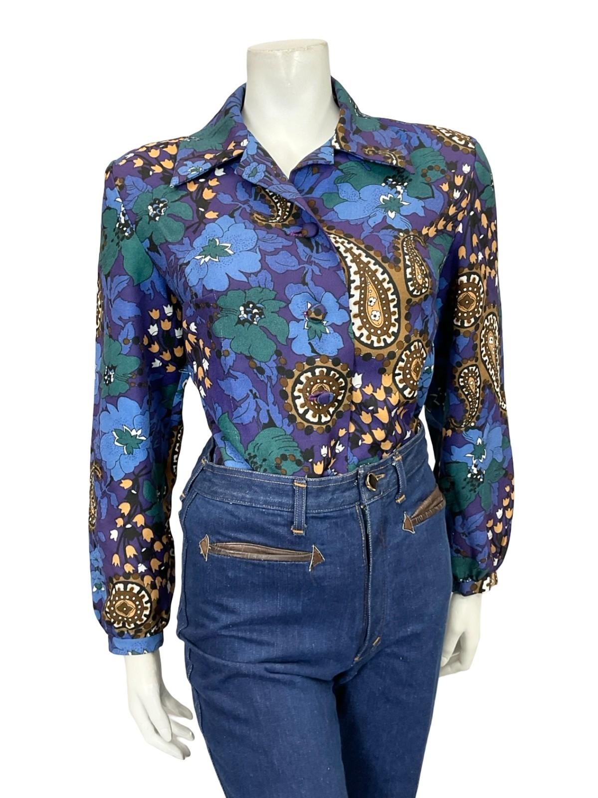 VTG 60S 70S BLUE GREEN BROWN PAISLEY FLORAL PSYCHEDELIC BOHO SHIRT 16