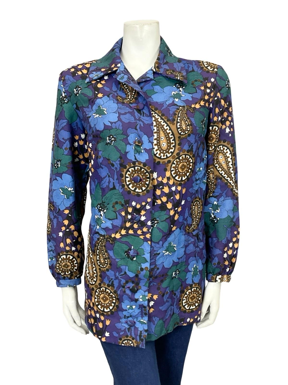 VTG 60S 70S BLUE GREEN BROWN PAISLEY FLORAL PSYCHEDELIC BOHO SHIRT 16