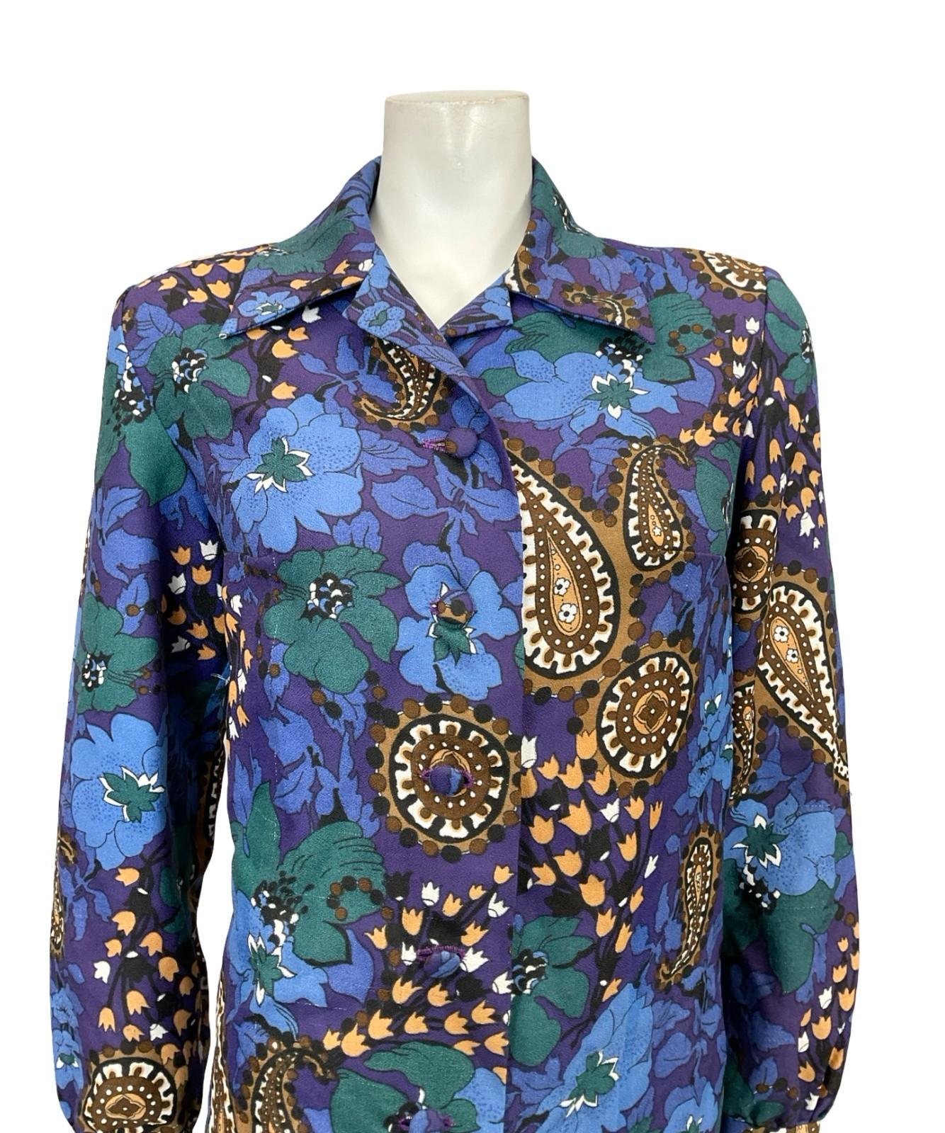 VTG 60S 70S BLUE GREEN BROWN PAISLEY FLORAL PSYCHEDELIC BOHO SHIRT 16