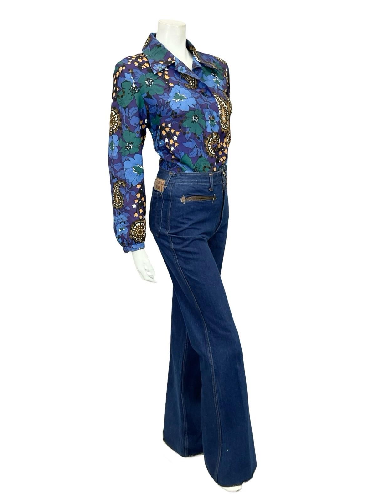 VTG 60S 70S BLUE GREEN BROWN PAISLEY FLORAL PSYCHEDELIC BOHO SHIRT 16