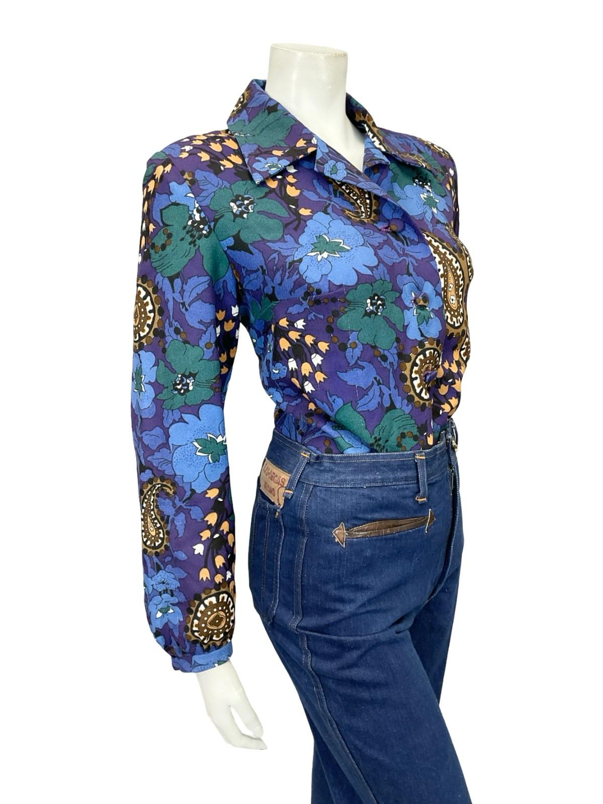 VTG 60S 70S BLUE GREEN BROWN PAISLEY FLORAL PSYCHEDELIC BOHO SHIRT 16