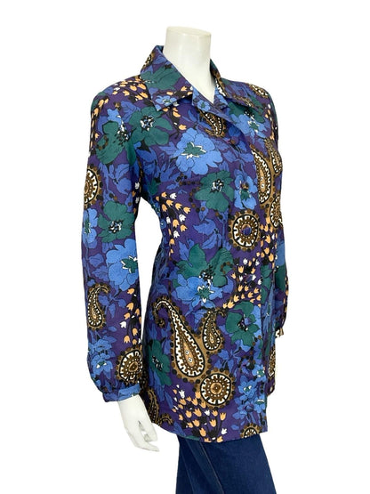 VTG 60S 70S BLUE GREEN BROWN PAISLEY FLORAL PSYCHEDELIC BOHO SHIRT 16