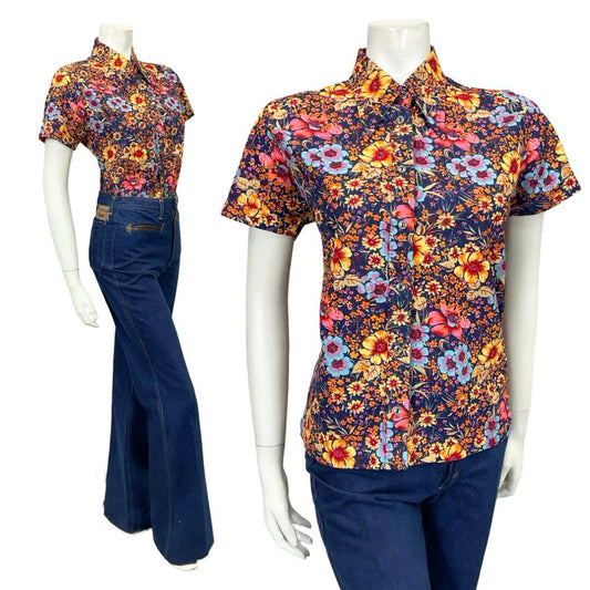 VTG 60S 70S BLUE ORANGE YELLOW PINK FLORAL DAGGER SHORT SLEEVE SHIRT 12 14 M