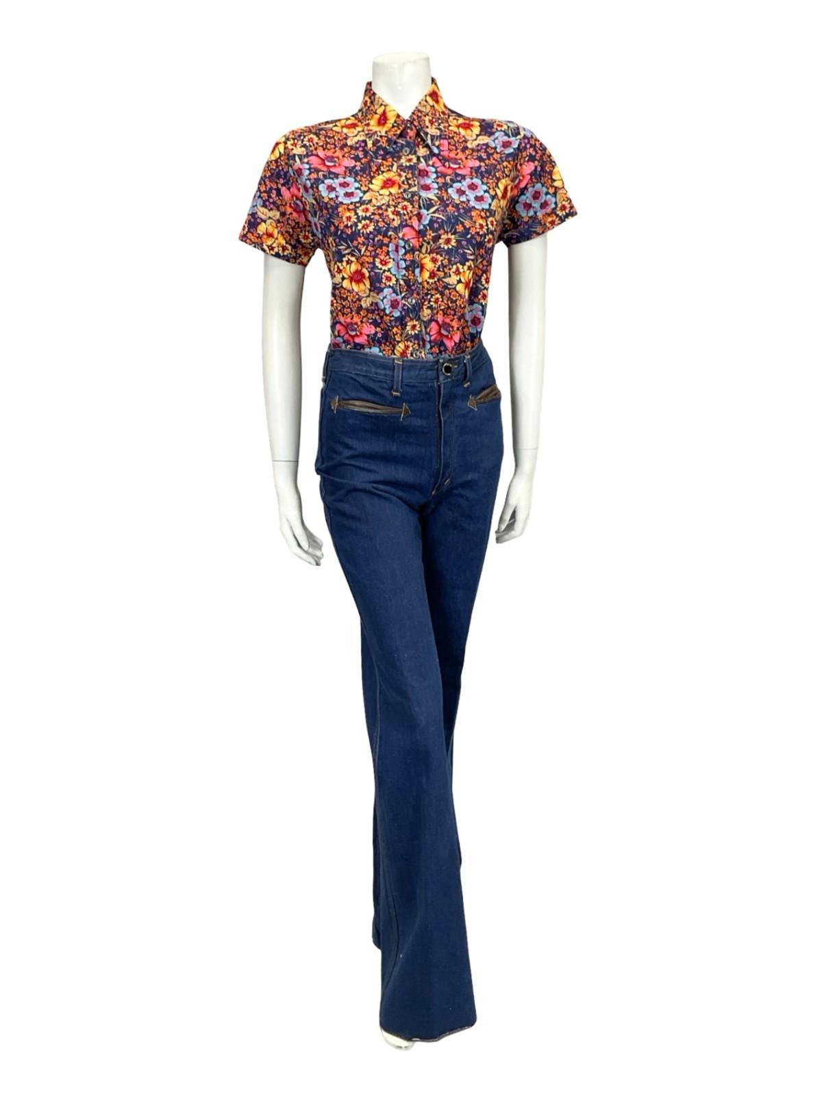 VTG 60S 70S BLUE ORANGE YELLOW PINK FLORAL DAGGER SHORT SLEEVE SHIRT 12 14 M