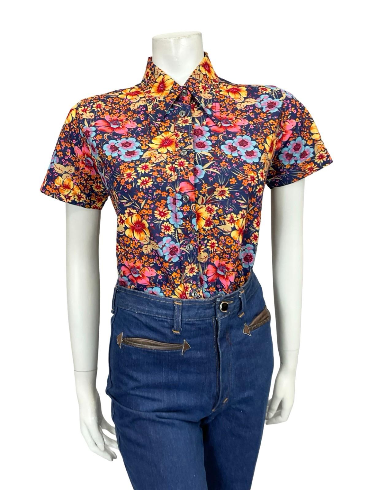 VTG 60S 70S BLUE ORANGE YELLOW PINK FLORAL DAGGER SHORT SLEEVE SHIRT 12 14 M