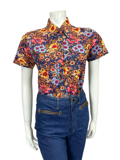 VTG 60S 70S BLUE ORANGE YELLOW PINK FLORAL DAGGER SHORT SLEEVE SHIRT 12 14 M