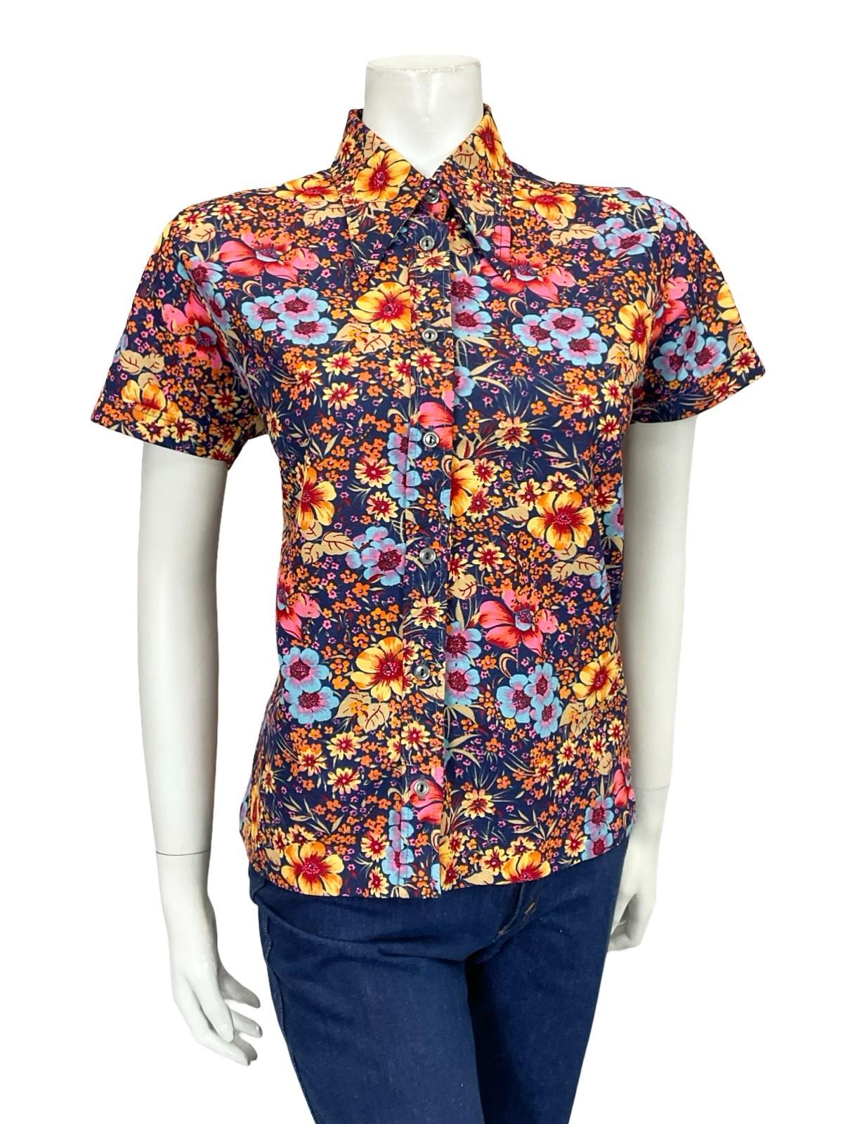VTG 60S 70S BLUE ORANGE YELLOW PINK FLORAL DAGGER SHORT SLEEVE SHIRT 12 14 M