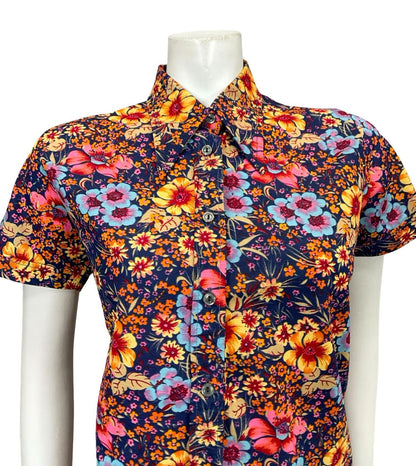 VTG 60S 70S BLUE ORANGE YELLOW PINK FLORAL DAGGER SHORT SLEEVE SHIRT 12 14 M