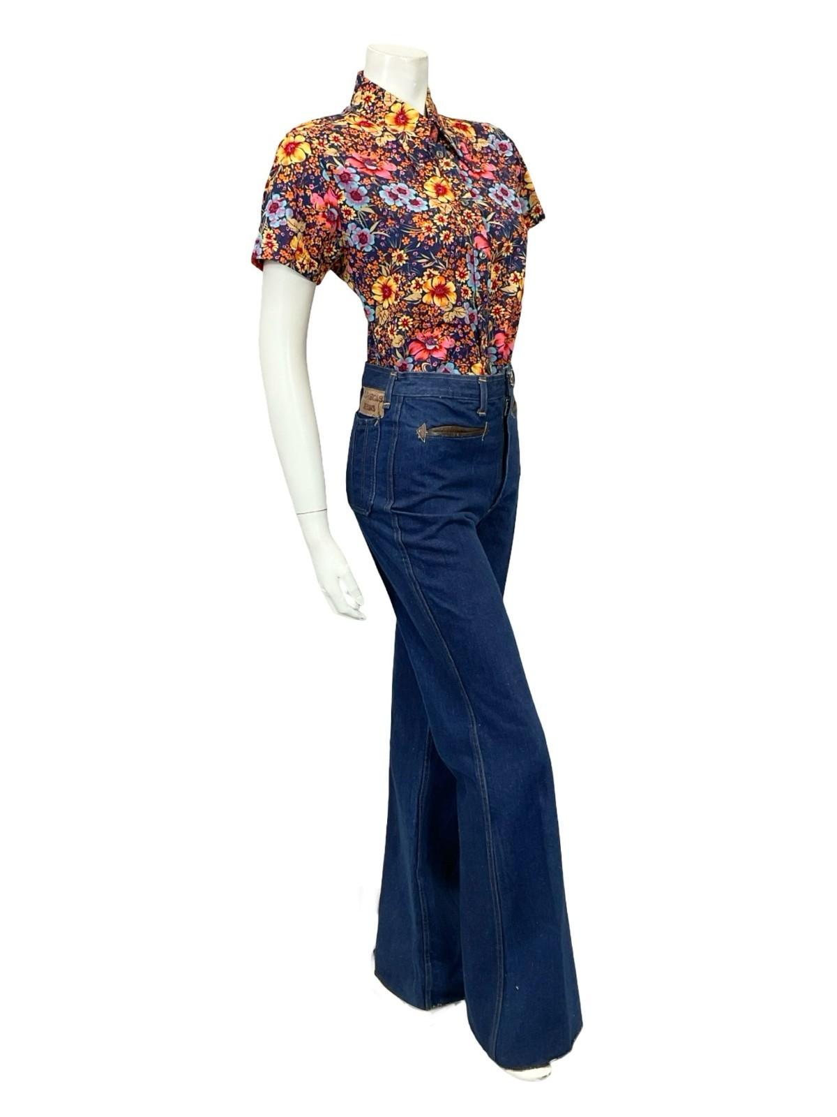 VTG 60S 70S BLUE ORANGE YELLOW PINK FLORAL DAGGER SHORT SLEEVE SHIRT 12 14 M