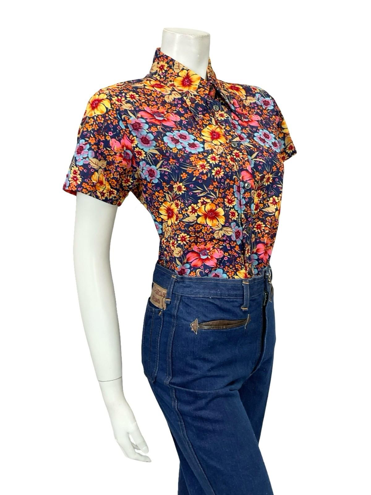 VTG 60S 70S BLUE ORANGE YELLOW PINK FLORAL DAGGER SHORT SLEEVE SHIRT 12 14 M