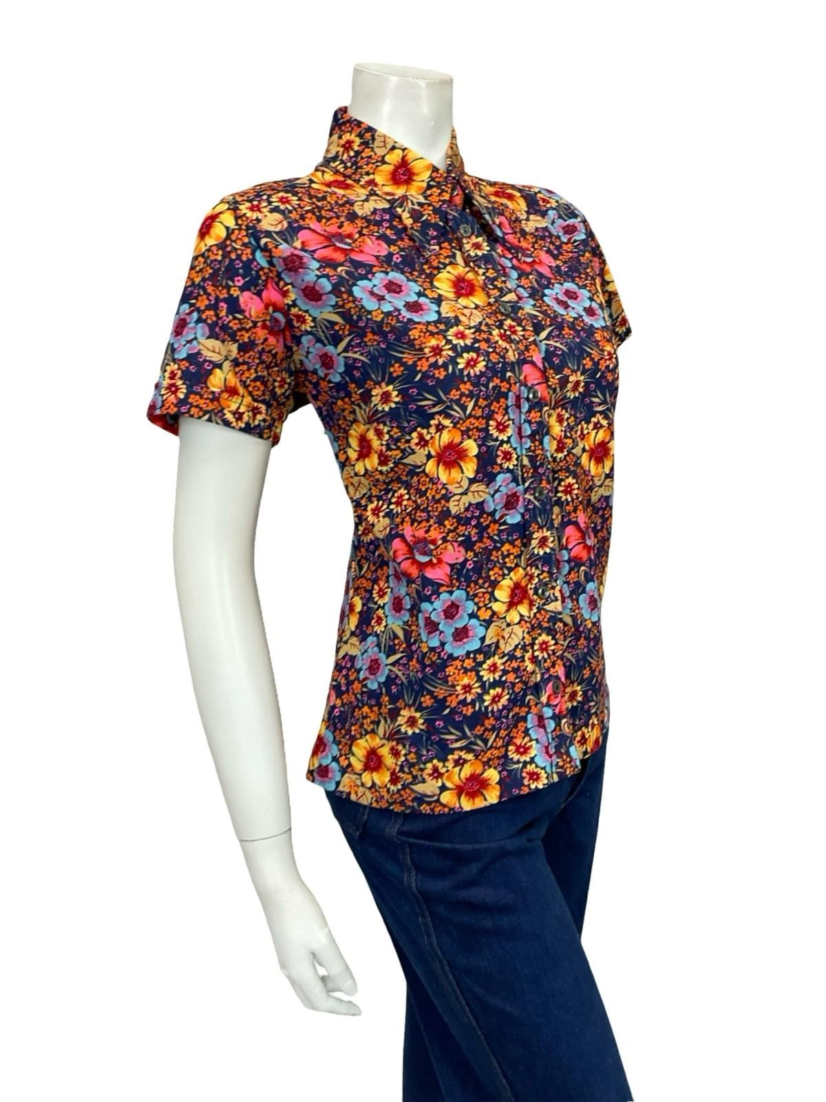 VTG 60S 70S BLUE ORANGE YELLOW PINK FLORAL DAGGER SHORT SLEEVE SHIRT 12 14 M
