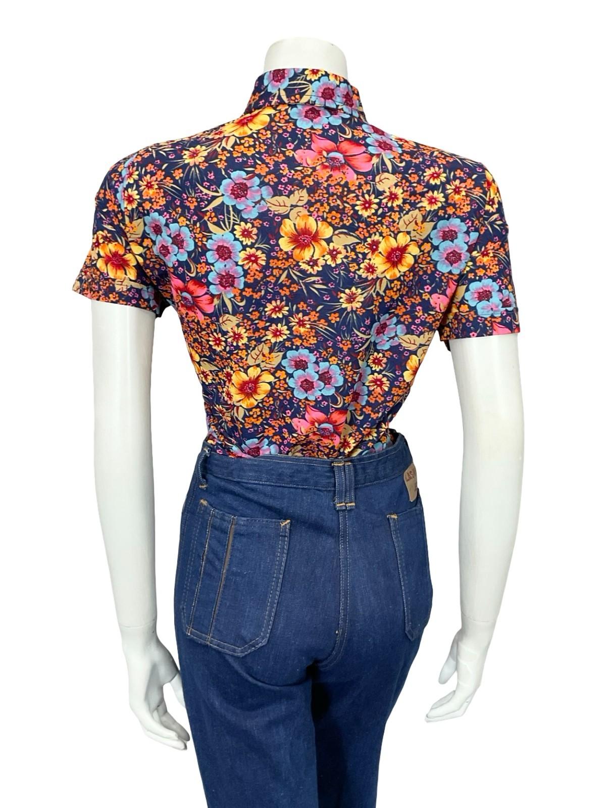 VTG 60S 70S BLUE ORANGE YELLOW PINK FLORAL DAGGER SHORT SLEEVE SHIRT 12 14 M