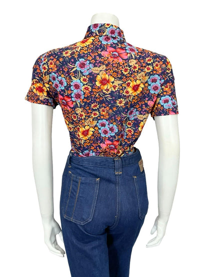 VTG 60S 70S BLUE ORANGE YELLOW PINK FLORAL DAGGER SHORT SLEEVE SHIRT 12 14 M