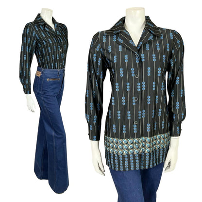 VTG 60S 70S JAPANESE BLACK BLUE YELLOW GEOMETRIC STRIPE NOTCH LAPEL SHIRT 10