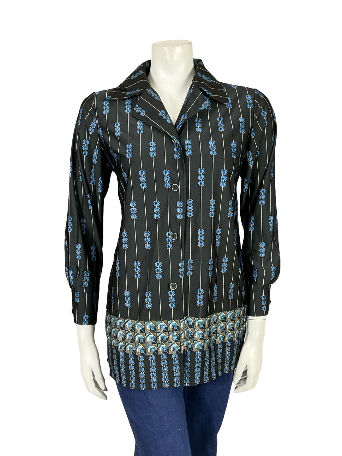 VTG 60S 70S JAPANESE BLACK BLUE YELLOW GEOMETRIC STRIPE NOTCH LAPEL SHIRT 10