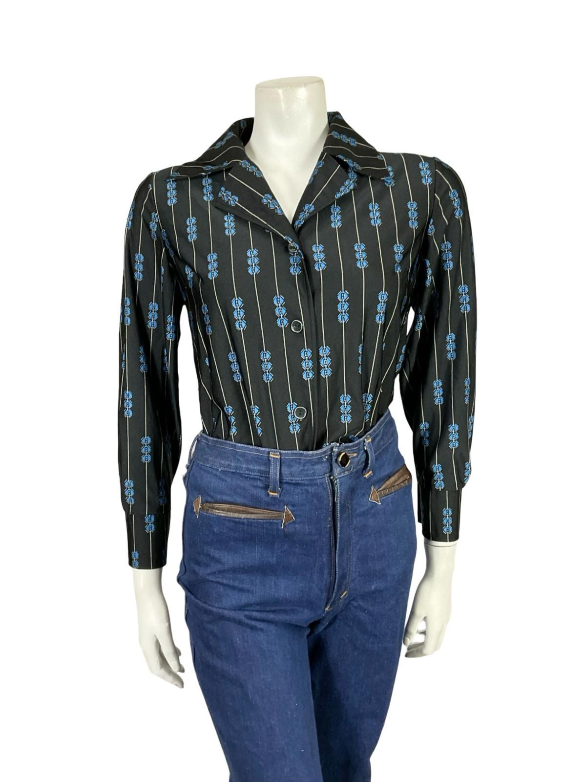 VTG 60S 70S JAPANESE BLACK BLUE YELLOW GEOMETRIC STRIPE NOTCH LAPEL SHIRT 10