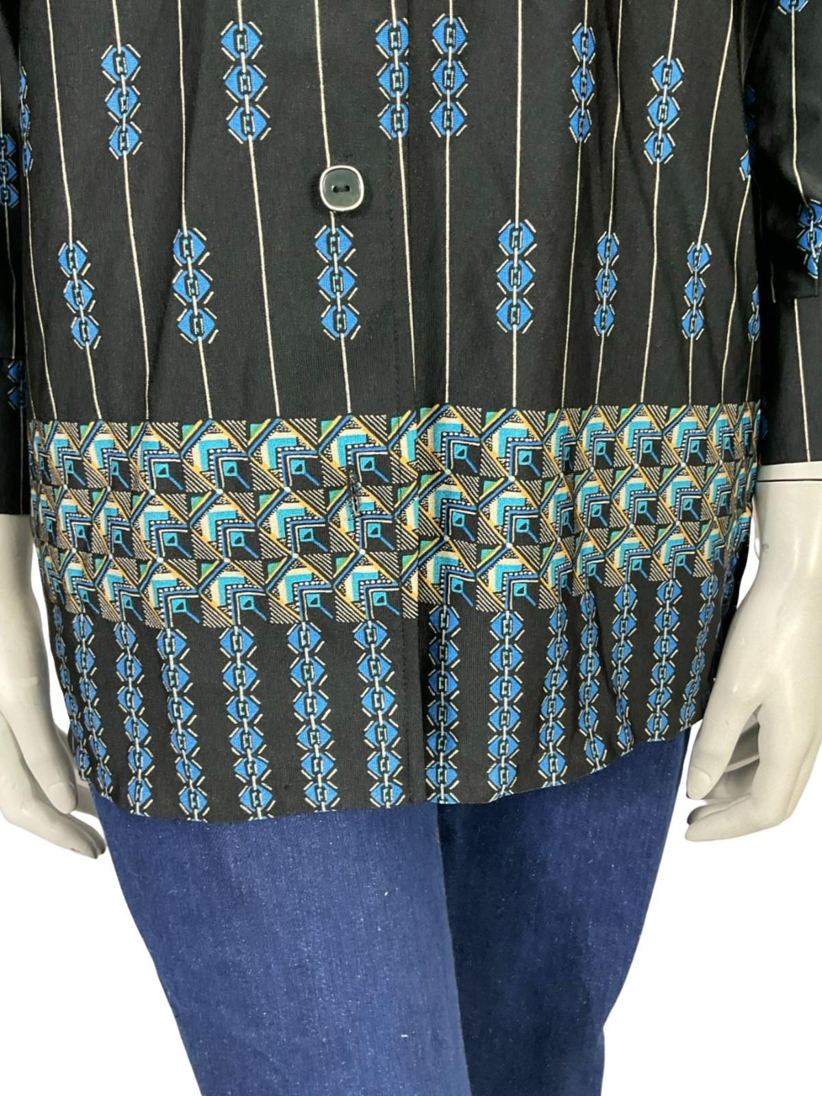 VTG 60S 70S JAPANESE BLACK BLUE YELLOW GEOMETRIC STRIPE NOTCH LAPEL SHIRT 10