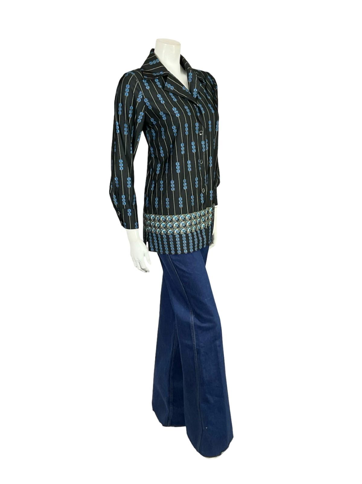 VTG 60S 70S JAPANESE BLACK BLUE YELLOW GEOMETRIC STRIPE NOTCH LAPEL SHIRT 10