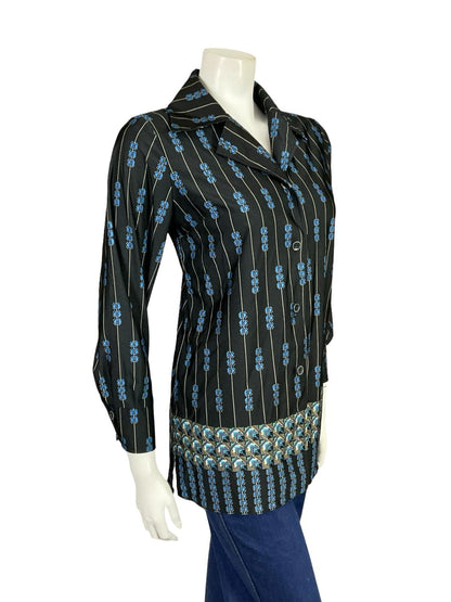 VTG 60S 70S JAPANESE BLACK BLUE YELLOW GEOMETRIC STRIPE NOTCH LAPEL SHIRT 10