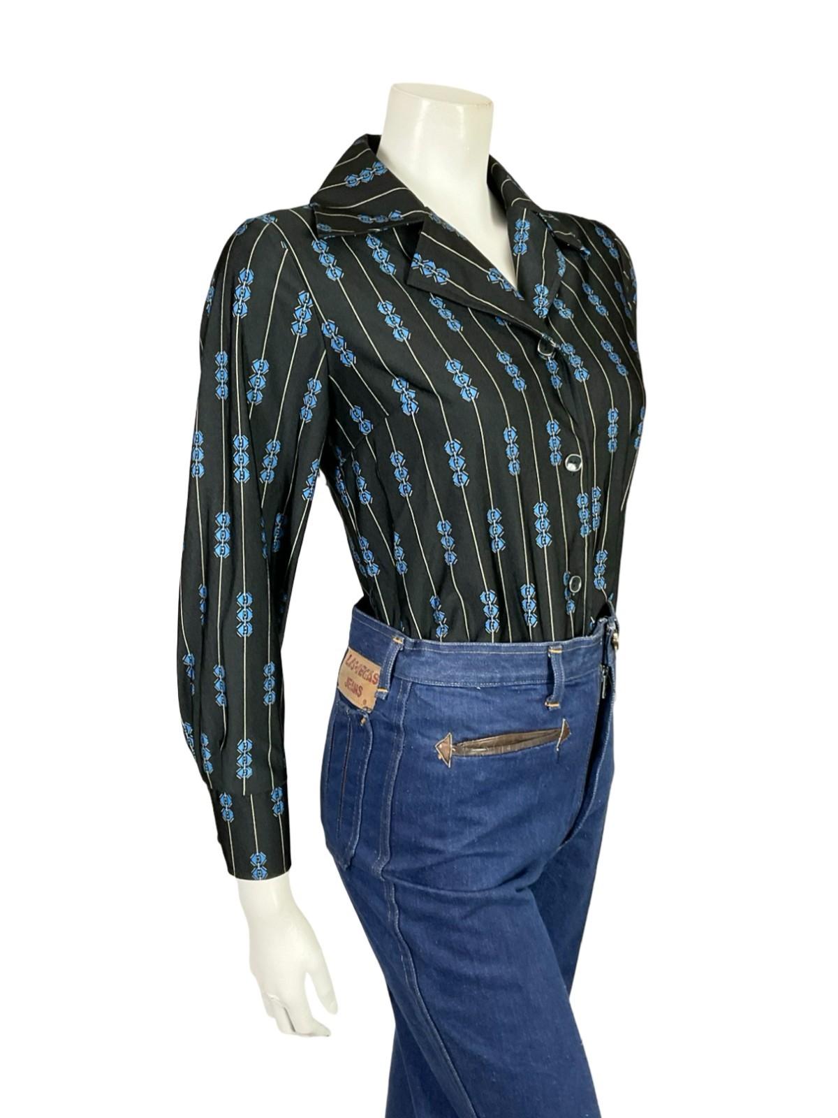 VTG 60S 70S JAPANESE BLACK BLUE YELLOW GEOMETRIC STRIPE NOTCH LAPEL SHIRT 10