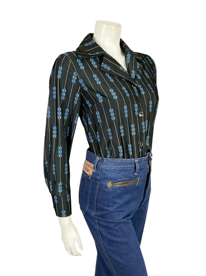 VTG 60S 70S JAPANESE BLACK BLUE YELLOW GEOMETRIC STRIPE NOTCH LAPEL SHIRT 10