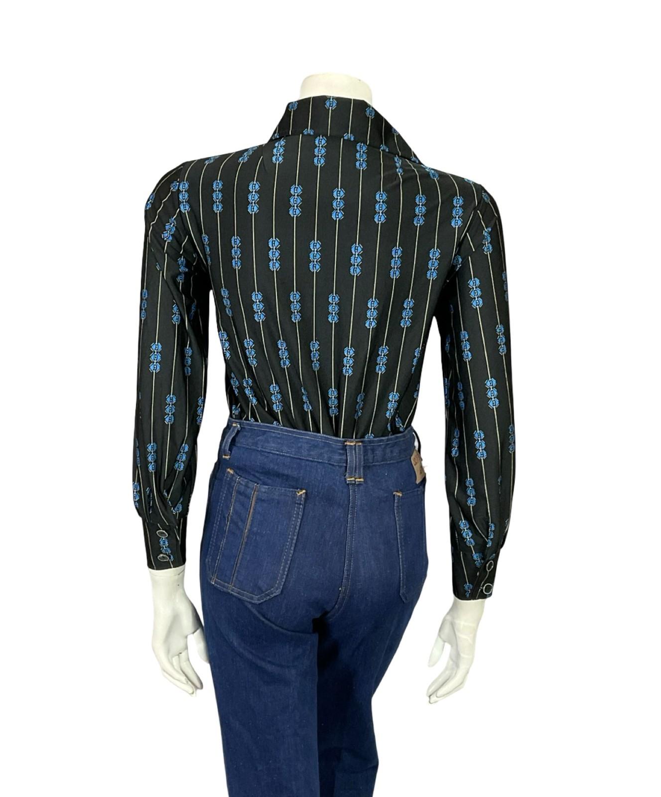 VTG 60S 70S JAPANESE BLACK BLUE YELLOW GEOMETRIC STRIPE NOTCH LAPEL SHIRT 10