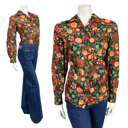 VTG 60S 70S BLACK RED GREEN ORANGE FOLK FLORAL DOTTY DAGGER COLLAR SHIRT 18