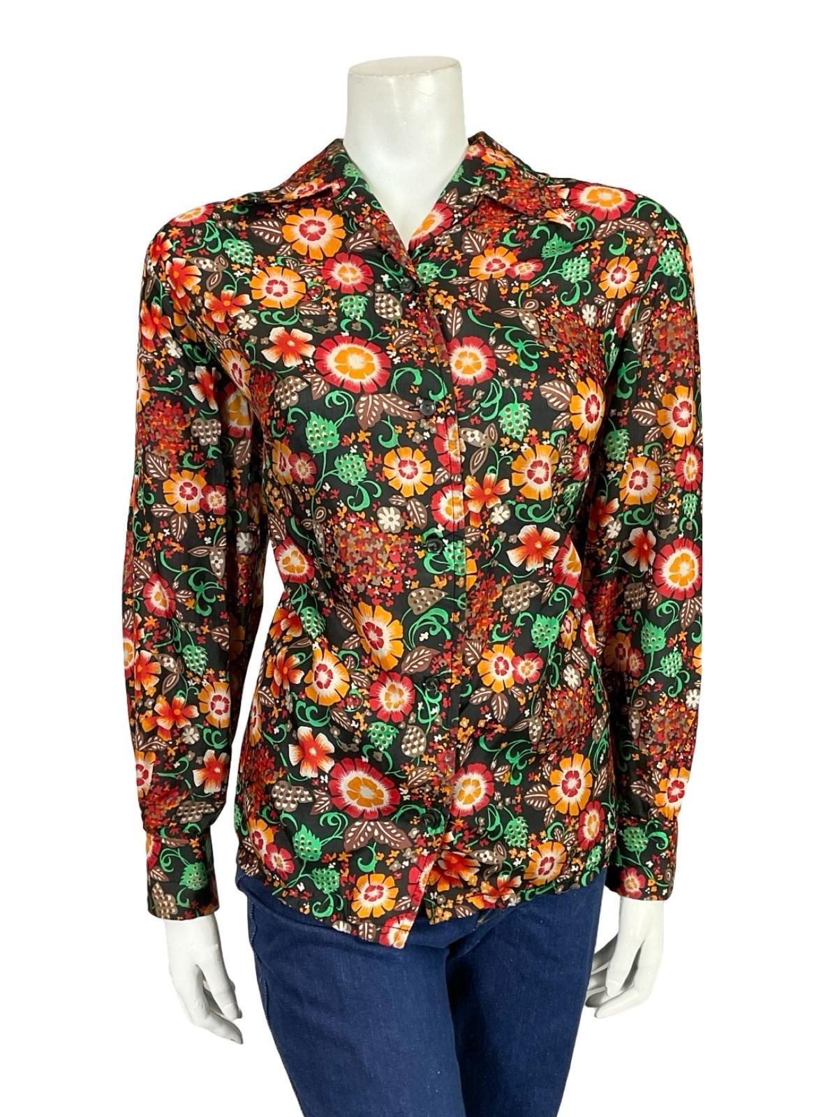 VTG 60S 70S BLACK RED GREEN ORANGE FOLK FLORAL DOTTY DAGGER COLLAR SHIRT 18