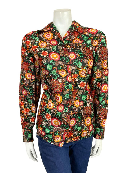 VTG 60S 70S BLACK RED GREEN ORANGE FOLK FLORAL DOTTY DAGGER COLLAR SHIRT 18