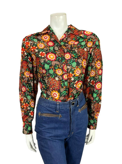 VTG 60S 70S BLACK RED GREEN ORANGE FOLK FLORAL DOTTY DAGGER COLLAR SHIRT 18